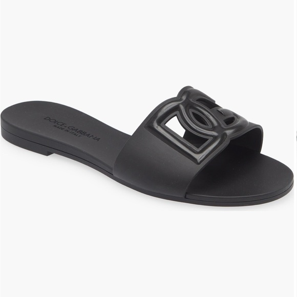 Dolce & Gabbana Shoes - Dolce & Gabbana Matte Black Logo Cutout Slide Sandal